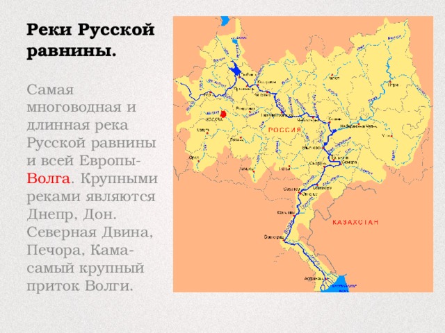 Реки Русской равнины. Самая многоводная и длинная река Русской равнины и всей Европы- Волга . Крупными реками являются Днепр, Дон. Северная Двина, Печора, Кама- самый крупный приток Волги. 