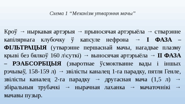 Схема 1 “Механізм утварэння мачы” Кроў → ныркавая артэрыя → прыносячая артэрыёла → стварэнне капілярнага клубочку ў капсуле нефрона → I ФАЗА – ФІЛЬТРАЦЫЯ (утварэнне першаснай мачы, нагадвае плазму крыві без бялкоў 160 л\суткі) → выносячая артэрыёла → II ФАЗА – РЭАБСОРБЦЫЯ (зваротнае ўсмоктванне вады і іншых рэчываў, 158-159 л) → звілісты каналец 1-га парадку, пятля Генле, звілісты каналец 2-га парадку → другасная мача (1,5 л) → збіральныя трубачкі → нырачная лаханка → мачаточнікі → мачавы пузыр.