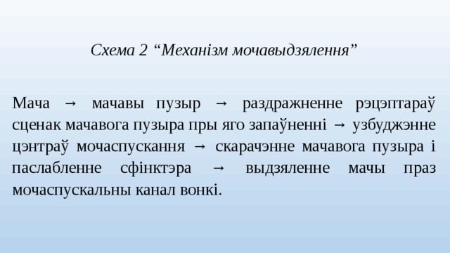 Схема 2 “Механізм мочавыдзялення” Мача → мачавы пузыр → раздражненне рэцэптараў сценак мачавога пузыра пры яго запаўненні → узбуджэнне цэнтраў мочаспускання → скарачэнне мачавога пузыра і паслабленне сфінктэра → выдзяленне мачы праз мочаспускальны канал вонкі.