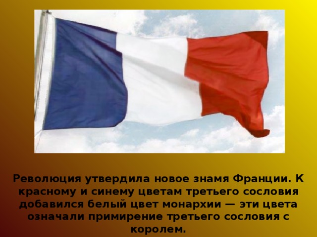 Революция утвердила новое знамя Франции. К красному и синему цветам третьего сословия добавился белый цвет монархии — эти цвета означали примирение третьего сословия с королем. 