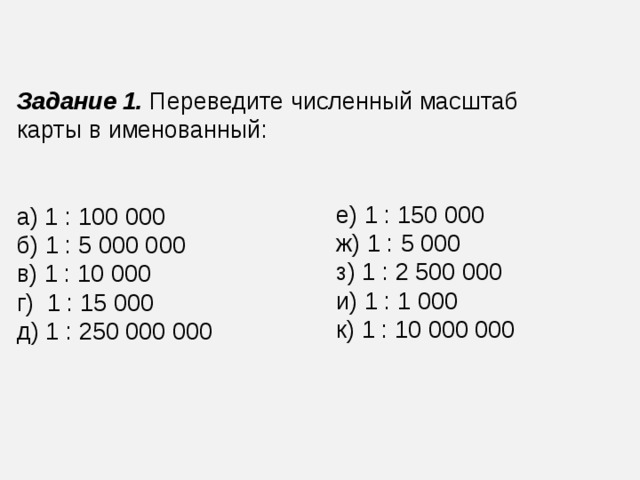 Задание 1.  Переведите численный масштаб карты в именованный: а) 1 : 100 000  б) 1 : 5 000 000  в) 1 : 10 000 г) 1 : 15 000 д) 1 : 250 000 000 е) 1 : 150 000 ж) 1 : 5 000 з) 1 : 2 500 000 и) 1 : 1 000 к) 1 : 10 000 000 