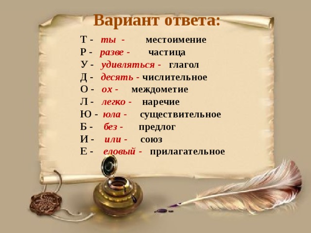 Вариант ответа: Т - ты - местоимение Р - разве - части ца У - удивляться - глагол Д - десять - числительное О - ох - междометие Л - легко - наречие Ю - юла - существительное Б - без - предлог И - или - союз Е - еловый - прилагательное 