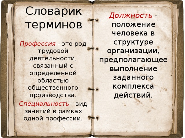 Словарик терминов Должность - положение человека в структуре организации, предполагающее выполнение заданного комплекса действий. Профессия - это род трудовой деятельности, связанный с определенной областью общественного производства. Специальность - вид занятий в рамках одной профессии. 