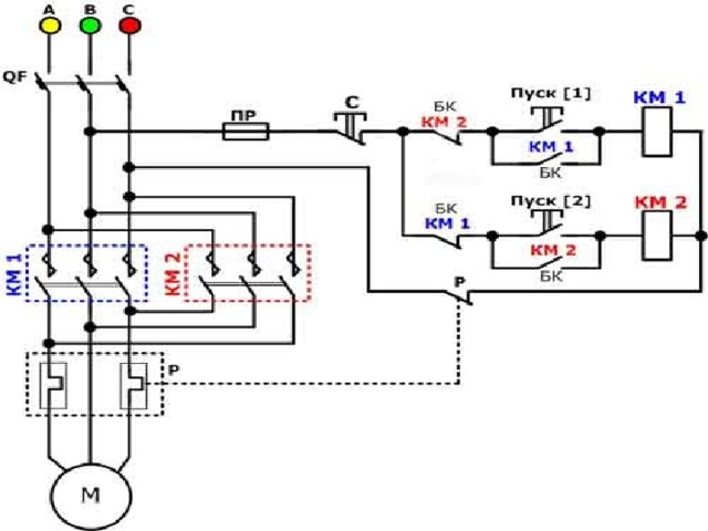 Схема реверса на двух пускателях