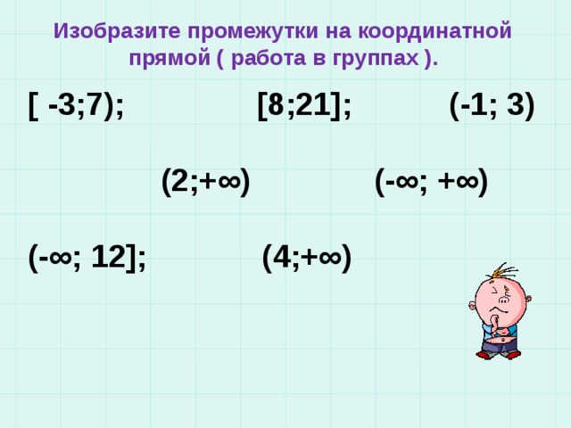 Изобразите промежутки на координатной прямой ( работа в группах ). [ -3;7); [8;21]; (-1; 3)   (2;+∞) (-∞; +∞)  (-∞; 12]; (4;+∞) 