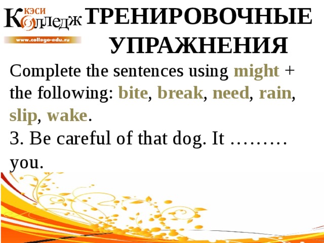 ТРЕНИРОВОЧНЫЕ УПРАЖНЕНИЯ Complete the sentences using might + the following: bite , break , need , rain , slip , wake . 3. Be careful of that dog. It ……… you. 