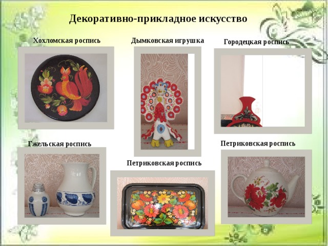 Декоративно-прикладное искусство Дымковская игрушка Хохломская роспись Городецкая роспись Петриковская роспись Гжельская роспись Петриковская роспись 