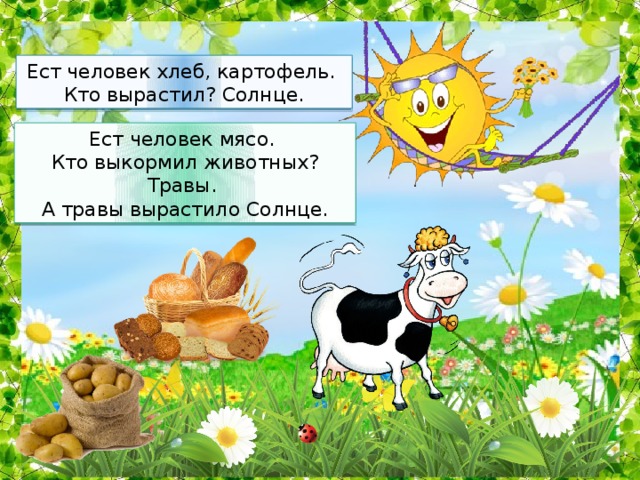 Ест человек хлеб, картофель. Кто вырастил? Солнце. Ест человек мясо. Кто выкормил животных? Травы. А травы вырастило Солнце. 