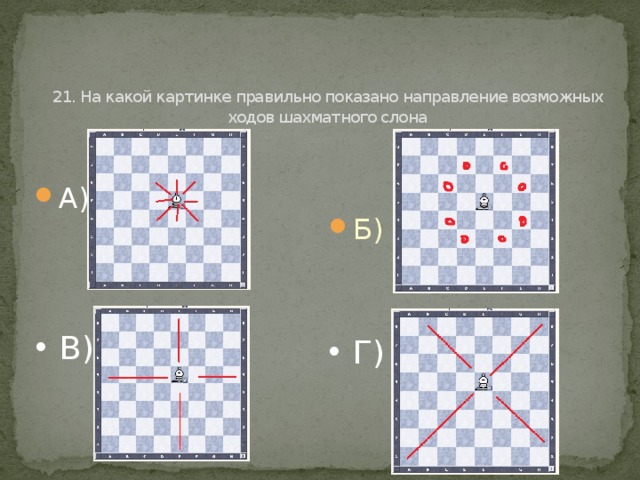   21. На какой картинке правильно показано направление возможных ходов шахматного слона А) Б) В) Г) 