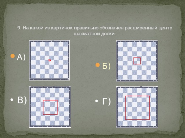   9. На какой из картинок правильно обозначен расширенный центр шахматной доски А) Б) В) Г) 
