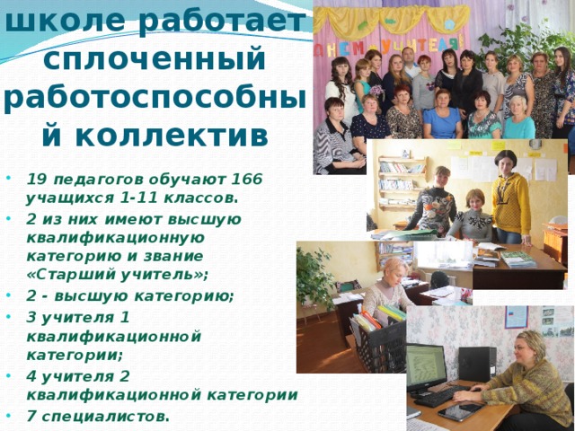 Сегодня в школе работает сплоченный работоспособный коллектив 19 педагогов обучают 166 учащихся 1-11 классов. 2 из них имеют высшую квалификационную категорию и звание «Старший учитель»; 2 - высшую категорию; 3 учителя 1 квалификационной категории; 4 учителя 2 квалификационной категории 7 специалистов. 