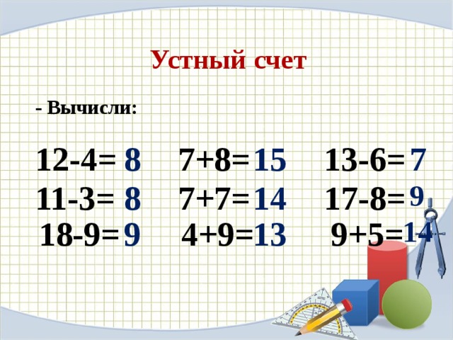 Устный счет - Вычисли: 12-4= 8 7 7+8= 15 13-6= 8 9 14 17-8= 11-3= 7+7= 9+5= 9 4+9= 13 18-9= 14 