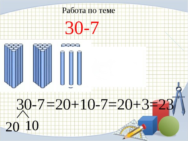 Работа по теме 30-7 30-7 =20+10-7=20+3=23 10 20 