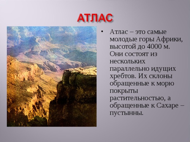 Атлас – это самые молодые горы Африки, высотой до 4000 м. Они состоят из нескольких параллельно идущих хребтов. Их склоны обращенные к морю покрыты растительностью, а обращенные к Сахаре – пустынны. 
