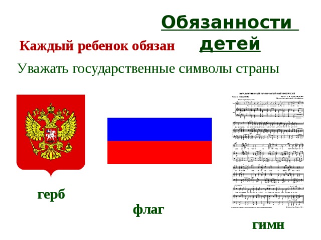 Обязанности детей Каждый ребенок обязан У важать государственные символы страны герб флаг гимн 