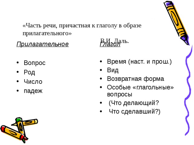  «Часть речи, причастная к глаголу в образе прилагательного»      В.И. Даль.   Прилагательное Глагол  Вопрос Род Число падеж  Время (наст. и прош.) Вид Возвратная форма Особые «глагольные» вопросы  (Что делающий?  Что сделавший?)    