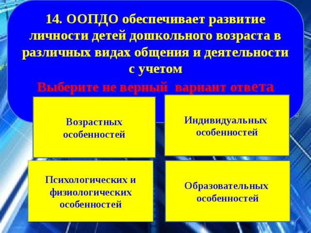 14. ООПДО обеспечивает развитие личности детей дошкольного возраста в различных видах общения и деятельности с учетом Выберите не верный вариант отв ета  Индивидуальных особенностей Возрастных особенностей Психологических и физиологических особенностей  Образовательных особенностей  