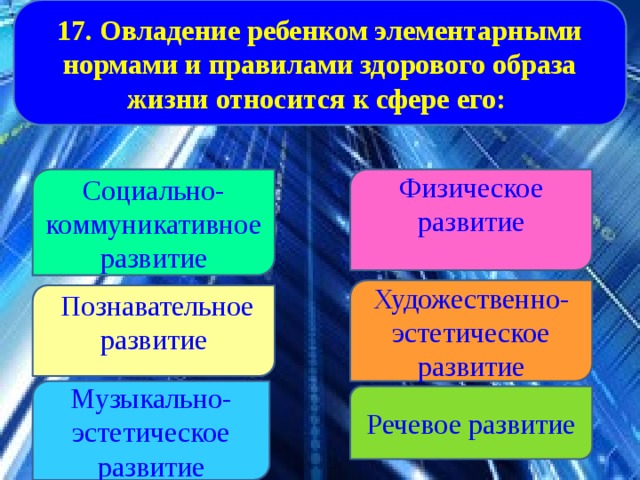 17. Овладение ребенком элементарными нормами и правилами здорового образа жизни относится к сфере его: Социально-коммуникативное развитие Физическое развитие Художественно-эстетическое развитие  Познавательное развитие Музыкально-эстетическое развитие Речевое развитие 