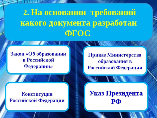  2. На основании требований какого документа разработан ФГОС Закон «Об образовании в Российской Федерации» Приказ Министерства образования в Российской Федерации Указ Президента РФ Конституция Российской Федерации 