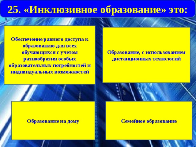 25. «Инклюзивное образование» это: Обеспечение равного доступа к образованию для всех обучающихся с учетом разнообразия особых образовательных потребностей и индивидуальных возможностей Образование, с использованием дистанционных технологий Образование на дому Семейное образование 