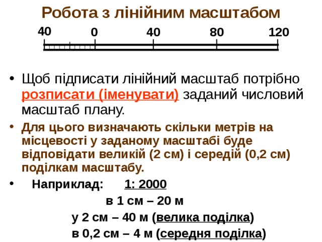Робота з лінійним масштабом 40 0 40 80 120 Щоб підписати лінійний масштаб потрібно розписати (іменувати) заданий числовий масштаб плану. Для цього визначають скільки метрів на місцевості у заданому масштабі буде відповідати великій (2 см) і середій (0,2 см) поділкам масштабу.  Наприклад:  1: 2000   в 1 см – 20 м  у 2 см – 40 м ( велика поділка )  в 0,2 см – 4 м ( середня поділка ) 
