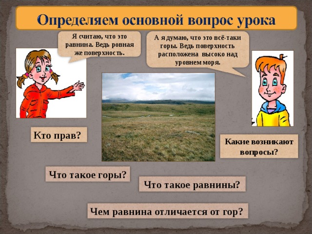 А я думаю, что это всё-таки горы. Ведь поверхность расположена высоко над уровнем моря. Я считаю, что это равнина. Ведь ровная же поверхность. Кто прав?  Какие возникают вопросы? Что такое горы? Что такое равнины? Чем равнина отличается от гор?