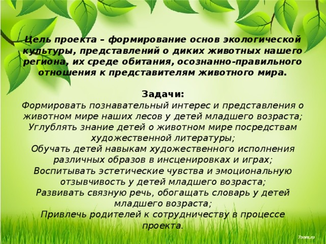   Цель проекта – формирование основ экологической культуры, представлений о диких животных нашего региона, их среде обитания, осознанно-правильного отношения к представителям животного мира.   Задачи:  Формировать познавательный интерес и представления о животном мире наших лесов у детей младшего возраста;  Углублять знание детей о животном мире посредствам художественной литературы;  Обучать детей навыкам художественного исполнения различных образов в инсценировках и играх;  Воспитывать эстетические чувства и эмоциональную отзывчивость у детей младшего возраста;  Развивать связную речь, обогащать словарь у детей младшего возраста;  Привлечь родителей к сотрудничеству в процессе проекта. 