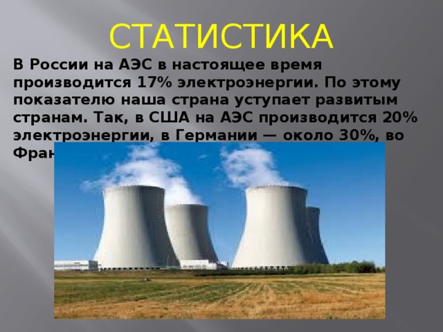 СТАТИСТИКА В России на АЭС в настоящее время производится 17% электроэнергии. По этому показателю наша страна уступает развитым странам. Так, в США на АЭС производится 20% электроэнергии, в Германии — около 30%, во Франции — более 74%. 