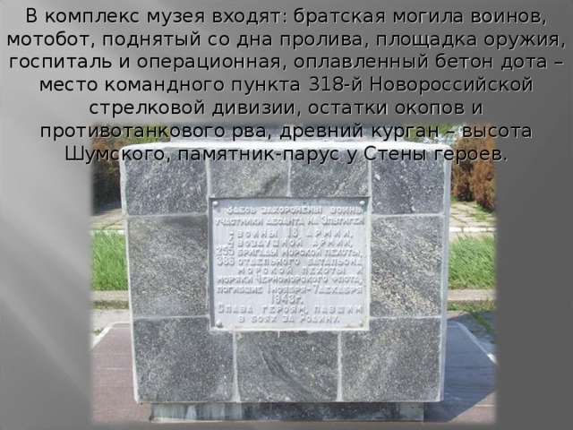 В комплекс музея входят: братская могила воинов, мотобот, поднятый со дна пролива, площадка оружия, госпиталь и операционная, оплавленный бетон дота – место командного пункта 318-й Новороссийской стрелковой дивизии, остатки окопов и противотанкового рва, древний курган – высота Шумского, памятник-парус у Стены героев. 