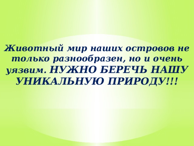     Животный мир наших островов не только разнообразен, но и очень уязвим. НУЖНО БЕРЕЧЬ НАШУ УНИКАЛЬНУЮ ПРИРОДУ!!! 