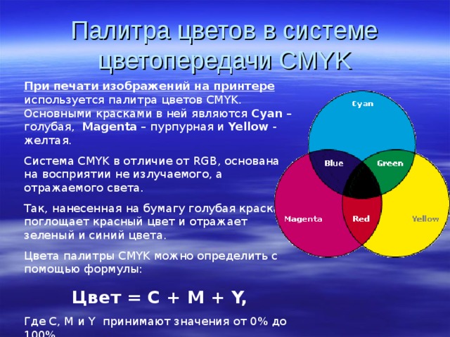 Палитра цветов в системе цветопередачи CMYK При печати изображений на принтере используется палитра цветов CMYK . Основными красками в ней являются Cyan – голубая,  Magenta – пурпурная и Yellow - желтая. Система CMYK в отличие от RGB , основана на восприятии не излучаемого, а отражаемого света. Так, нанесенная на бумагу голубая краска поглощает красный цвет и отражает зеленый и синий цвета. Цвета палитры CMYK можно определить с помощью формулы: Цвет = C + M + Y, Где C, M и Y принимают значения от 0 % до 100%
