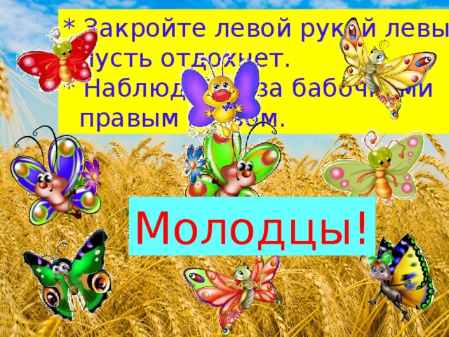 * Закройте левой рукой левый глаз,   пусть отдохнет. * Наблюдайте за бабочками   правым глазом. Молодцы! 