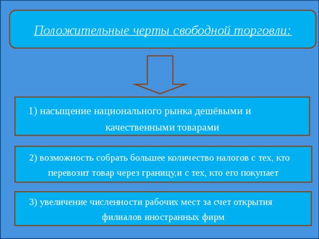 Положительные черты свободной торговли: 1) насыщение национального рынка дешёвыми и качественными товарами 2) возможность собрать большее количество налогов с тех, кто перевозит товар через границу,и с тех, кто его покупает 3) увеличение численности рабочих мест за счет открытия филиалов иностранных фирм 