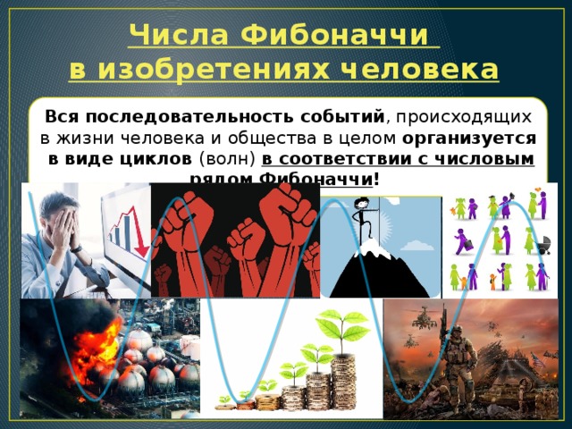 Числа Фибоначчи в изобретениях человека Вся последовательность событий , происходящих в жизни человека и общества в целом организуется в виде циклов (волн) в соответствии с числовым рядом Фибоначчи ! 