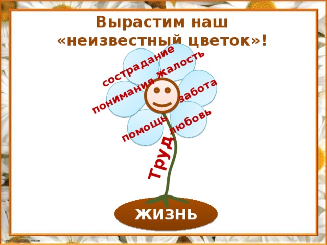 Труд помощь понимания сострадание жалость забота любовь Вырастим наш  «неизвестный цветок»!  ЖИЗНЬ 