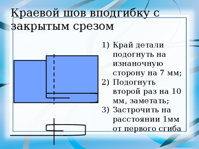 Край детали. Обработка низа швом вподгибку с закрытым срезом. Обработка нижних срезов швом вподгибку с закрытым срезом. Шов в подгибку с закрытым срезом 5 класс. Шов в подгибку с закрытым срезом выполняется.