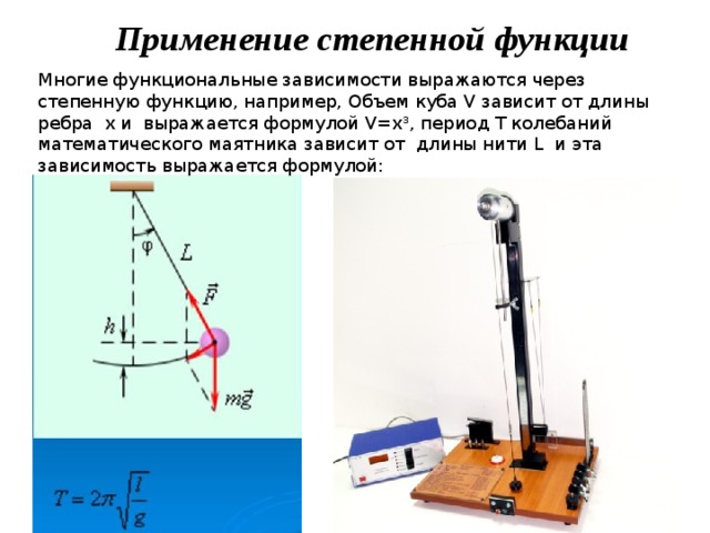 Применение степенной функции Многие функциональные зависимости выражаются через степенную функцию, например, Объем куба V зависит от длины ребра х и выражается формулой V=x 3 , период Т колебаний математического маятника зависит от длины нити L и эта зависимость выражается формулой: 