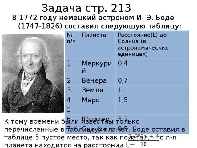 Задача стр. 213 В 1772 году немецкий астроном И. Э. Боде (1747-1826) составил следующую таблицу: № п/п Планета 1 Расстояние(L) до Солнца (в астрономических единицах) Меркурий 2 0,4 Венера 3 0,7 Земля 4 5 1 Марс 1,5 6 Юпитер 7 5,2 Сатурн 9,5 К тому времени были известны только перечисленные в таблице 6 планет. Боде оставил в таблице 5 пустое место, так как полагал, что n-я планета находится на расстоянии L= и что 5 планета еще не обнаружена. 