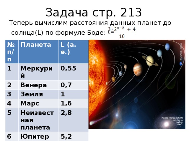 Задача стр. 213 Теперь вычислим расстояния данных планет до  солнца(L) по формуле Боде:  L= № п/п Планета 1 L (а. е.) Меркурий 2 Венера 0,55 3 0,7 Земля 4 Марс 1 5 6 Неизвестная планета 1,6 Юпитер 2,8 7 5,2 Сатурн 10 