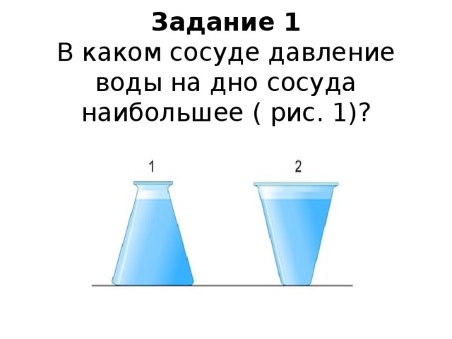 Задание 1  В каком сосуде давление воды на дно сосуда наибольшее ( рис. 1)?   
