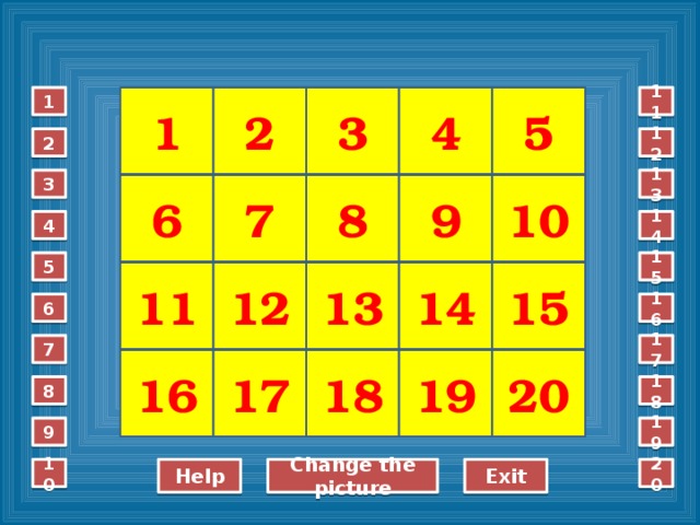 1 11 1 5 4 3 2 12 2 13 3 7 10 9 6 8 14 4 5 15 15 14 13 11 12 16 6 Играть можно индивидуально или в парах за компьютером, а также фронтально или командами на интерактивной доске. Номера вопросов можно выбирать в любом порядке. Если ответ неправильный, повторно выбрать этот же номер нельзя, квадрат исчезает. Но можно повторить всю игру. 7 17 20 17 16 18 19 18 8 9 19 10 20 Change the picture Exit Help  