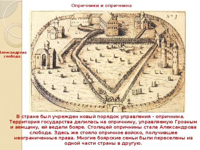 Опричники и опричнина Александрова слобода. В стране был учрежден новый порядок управления - опричнина. Территория государства делилась на опричнину, управляемую Грозным и земщину, ей ведали бояре. Столицей опричнины стала Александрова слобода. Здесь же стояло опричное войско, получившее неограниченные права. Многие боярские семьи были переселены из одной части страны в другую. 