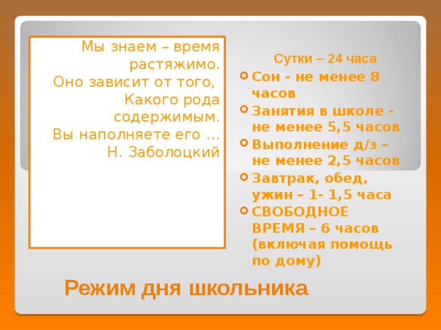 Мы знаем – время растяжимо. Оно зависит от того, Какого рода содержимым.  Вы наполняете его … Н. Заболоцкий  Сутки – 24 часа Сон - не менее 8 часов Занятия в школе - не менее 5,5 часов Выполнение д/з – не менее 2,5 часов Завтрак, обед, ужин – 1- 1,5 часа СВОБОДНОЕ ВРЕМЯ – 6 часов (включая помощь по дому) Режим дня школьника 