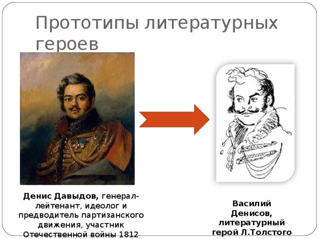 Прототипы литературных героев Денис  Давыдов, генерал-лейтенант, идеолог и предводитель партизанского движения, участник Отечественной войны 1812 года Василий Денисов, литературный герой Л.Толстого