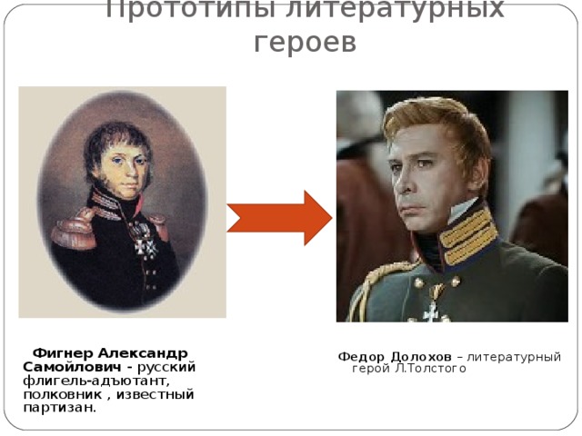 Прототипы литературных героев  Фигнер Александр  Самойлович - русский флигель-адъютант, полковник , известный партизан. Федор Долохов – литературный герой Л.Толстого