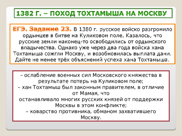 – ослабление военных сил Московского княжества в результате потерь на Куликовом поле; – хан Тохтамыш был законным правителем, в отличие от Мамая, что останавливало многих русских князей от поддержки Москвы в этом конфликте; – коварство противника, обманом захватившего Москву. 