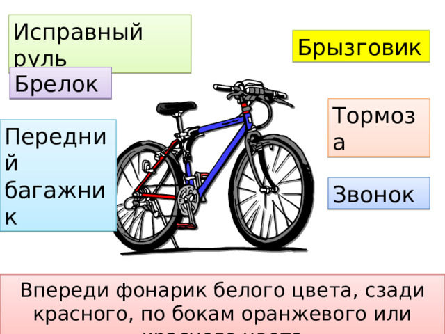 Исправный руль Брызгов и к Брелок Тормоза Передний багажник Звонок Впереди фонарик белого цвета, сзади красного, по бокам оранжевого или красного цвета 