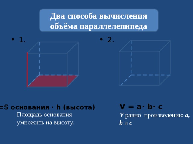 Два способа вычисления объёма параллелепипеда 2. 1. V = a∙ b∙ c V=S основания ∙ h (высота) Площадь основания умножить на высоту.  V равно  произведению  а, b  и  с 