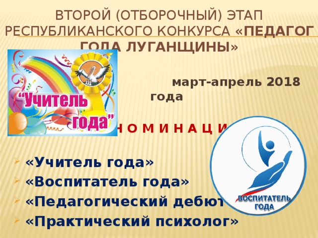 ВТОРОй (отборочный) этап Республиканского конкурса «Педагог года Луганщины»  март-апрель 2018 года   Н О М И Н А Ц И И  «Учитель года» «Воспитатель года» «Педагогический дебют» «Практический психолог» 