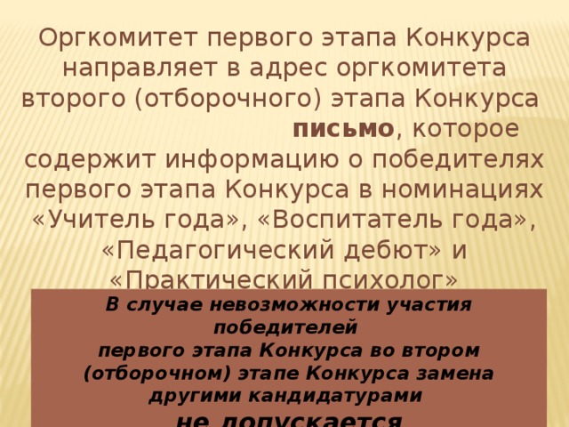 Оргкомитет первого этапа Конкурса направляет в адрес оргкомитета второго (отборочного) этапа Конкурса письмо , которое содержит информацию о победителях первого этапа Конкурса в номинациях «Учитель года», «Воспитатель года», «Педагогический дебют» и «Практический психолог» В случае невозможности участия победителей первого этапа Конкурса во втором (отборочном) этапе Конкурса замена другими кандидатурами не допускается 